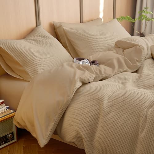 Image of Wake In Cloud - Waffle Cotton Comforter Set, 100% Cotton Fabric Bedding, Waffle Weave Knit Textured Neutral Farmhouse Soft Lightweight, 3 Pieces, Tan, King Size