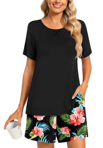 Image of Findsweet Pajama Set for Women 2 Piece Lounge Set Soft Sleepwear Summer Casual Short Pjs Sets with Pockets M-3XL