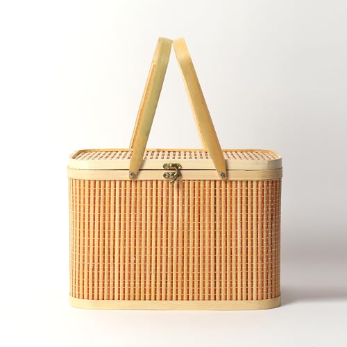 Image of Habere India-All the Cultures Fabricating India Basket for Lunch | Bamboo Picnic Basket with Top Handle | Morden Picnic Baskets Ideal for Outdoor Dining and Family Picnics (Beige : L33xW21xH20 cm)
