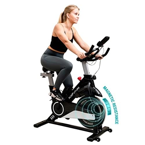 Acefuture Magnetic Resistance Exercise Bike for Home Use Stationary Bikes with 13.6kg Flywheel, Indoor Cycling Workout Bike with Hand Pulse, Fitness Tracker and Tablet/Water Bottle Holder, Black