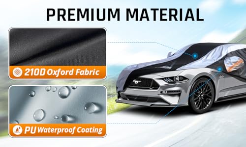 Image of Mustang Car Cover Waterproof All Weather with Silver Strip Design, Custom Fit for Ford Mustang 1994-2025, Mustang Accessory with Door Zipper & Windproof Straps
