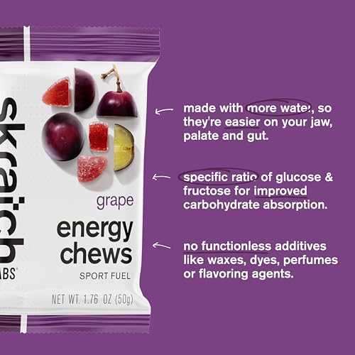 Image of Skratch Labs Energy Chews | Gummies for Running, Cycling & Endurance Quick Carbs for Athletes, Easy to Digest, Real Fruit | Gel Alternative for Long Runs & Rides | Grape 10 Pack | Gluten Free, Vegan