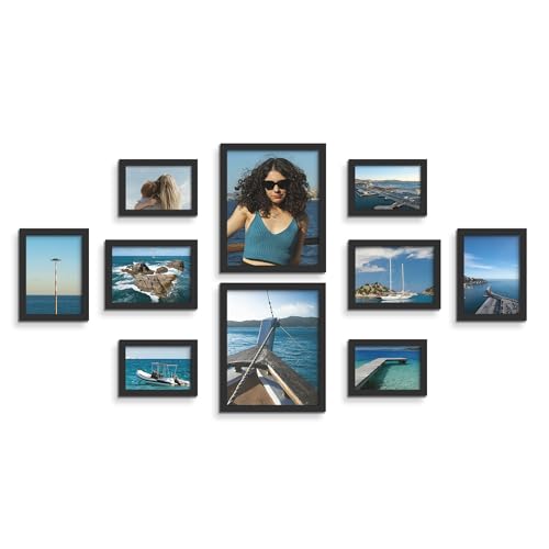 Tinkeps Set of 10 Black Photo Frames Multiple Pictures, Engineered Wood and Plexiglass, Picture Frames with Two 8x10, Four 5x7, Four 4x6 Frames, Hanging or Tabletop Display