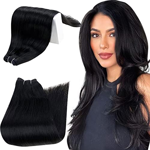 RUNATURE Sew in Weft Hair Extensions Jet Black Human Hair Weft Extensions Real Hair Double Weft Black Weave Hair Extensions Real Human Hair 12 Inch 70 Gram