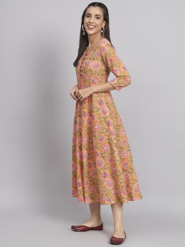 Image of Rapsodia Womens Cotton Green & Brown Floral Printed Flared Kurta