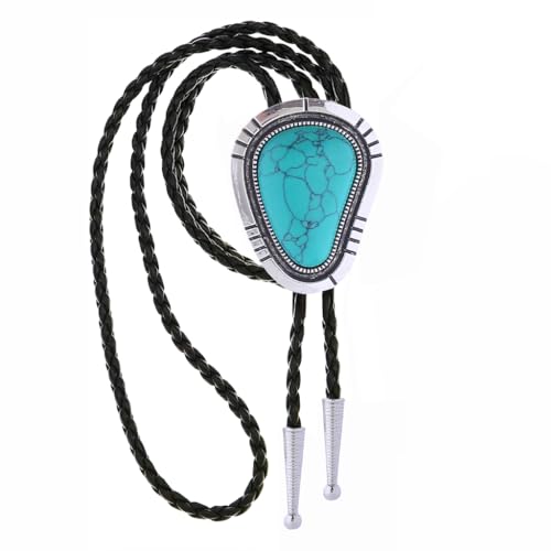 Image of GelConnie Bolo Tie for Men Women Western Cowboy Turquoise Leather Necktie | Natural Stone Bolo Tie Necklace for Women Rodeo Cowboy Leather Necktie Native American Western Cowgirl Ties Adjustable Cord