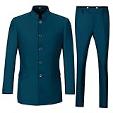 S-Show Men's Slim Fit 2 Piece Mandarin Collar Chinese Tunic Suit for Traditional Wedding Uniform, Teal, Size 38 S
