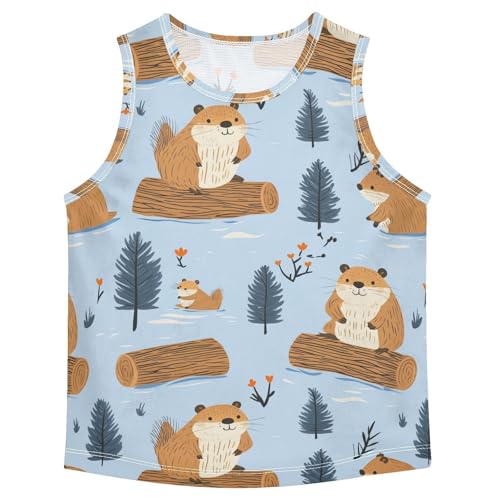 Boys Tank Top Shirts Cute Beavers and Wood and Trees Sleeveless T-Shirts Crew Neck for Kids Clothing Children