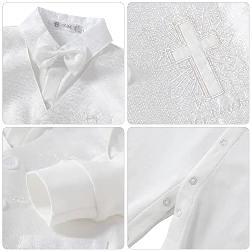 Booulfi Baby Boy Baptism Outfit Boys Christening Outfits Newborn Baby Boy Clothes 3 Pcs Romper Hat Bow Tie 3-6M #TOP2