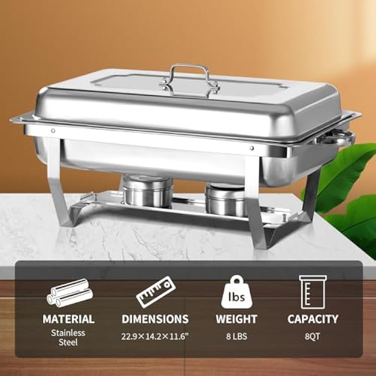 8 Qt 2 Pack Full Size Stainless Steel Chafing Dishes Buffet Set, Silver Rectangular Catering Chafer Warmer Set with Trays Pan Lid Folding Frame Stand for Kitchen Party Banquet Dining