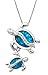 Sterling Silver Mom and Baby Turtle CZ Necklace Pendant with Simulated Blue Opal and 18" Box Chain