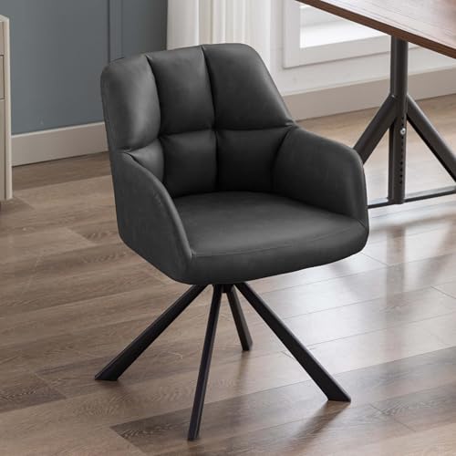 Image of Finch Fox Battle Modern 360 Swivel Mid-Back Arm Faux-Leather Study Upholstered Comfortable Metal Base Computer Office Desk Chair in Black Color