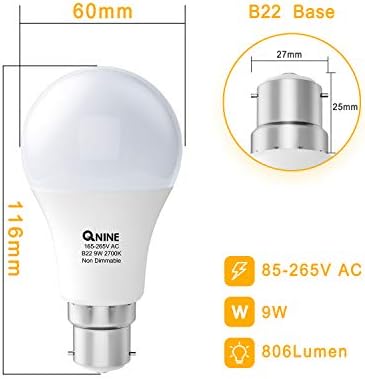 QNINE 8 Pack Warm White Bayonet Light Bulbs, 9W (60W Equivalent), 806lm, 2700K, B22 LED Bulb, Lightbulbs Bayonette Energy Saving, Non-Dimmable