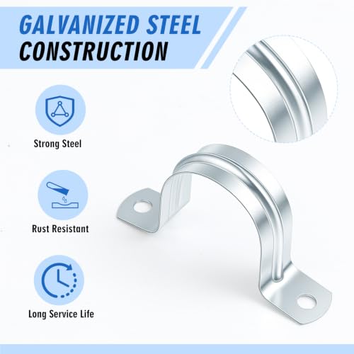 Image of Yaocom 100 Pcs 1 1 /4 inch Opening Pipe Strap Galvanized Steel Conduit Clamp Reinforced Rigid 2 Hole U Bracket for Pipe Fixing on Various Surfaces