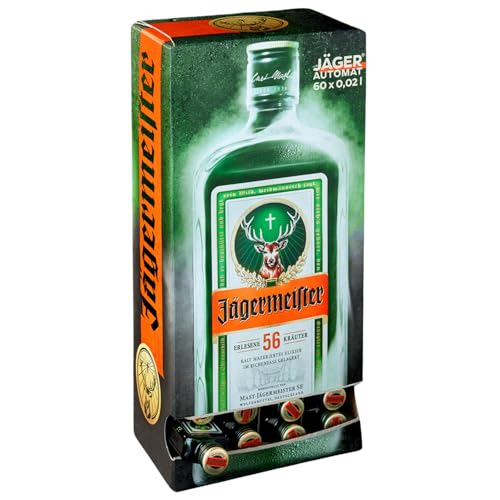 Jägermeister – 60 x 0,02 l Mini Meister Shots Premium Kräuterlikör 35% Vol. – 56 erlesene Kräuter – Kalt mazeriertes Elixier – Im Eichenfass gelagert – Das Original aus Wolfenbüttel