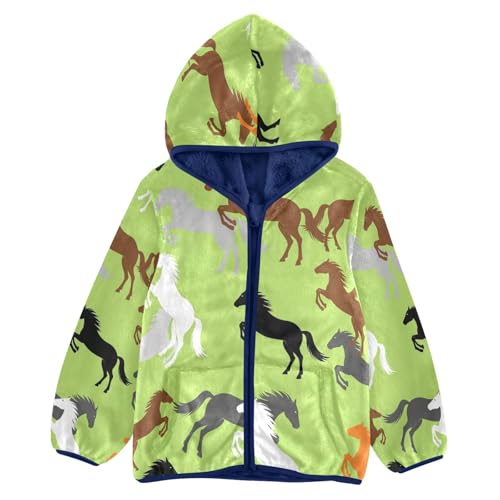 Horse Silhouettes on Green Toddler Fleece Jacket Girl Boys Hooded Fleece Jacket Coat Warm Outwear Zip-up 3-10T