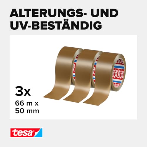 tesa tesapack Strong - Geräuscharmes Paketklebeband zum Verpacken von Paketen und Versandschachteln - braun - 3 Rollen je 66 m: 50mm