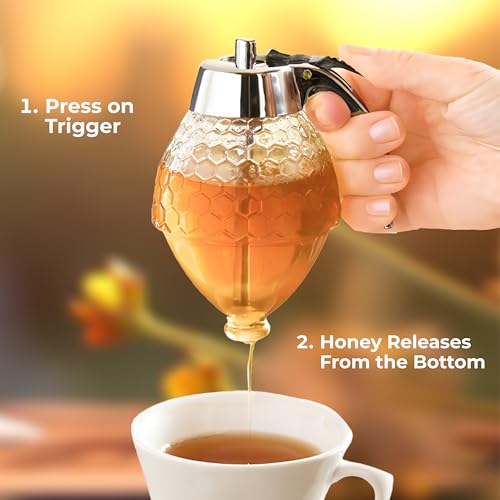 Hunnibi 8 oz Glass Honey Dispenser - No Drip Honey Jar for Easy Pouring - Mess-Free Maple Syrup Container with Stand and Stainless Steel Lid - Elegant Kitchen Essential for Tea, Pancakes, Baking - Thumbnail 5