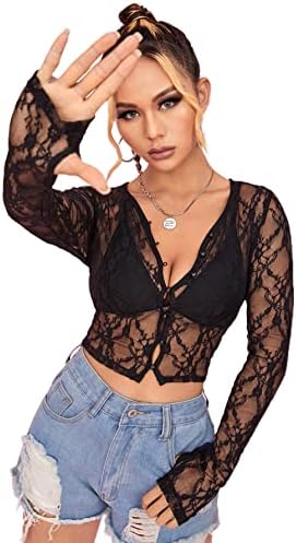 Amazon.com: SheIn Camiseta corta de manga larga para mujer con botones  frontales de malla de encaje transparente : Ropa, Zapatos y Joyería