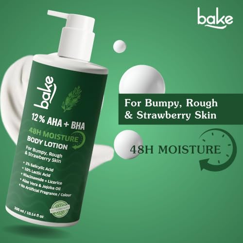 Image of BAKE 10% AHA + 2% BHA Body Lotion for Strawberry Legs | Lactic Acid & Niacinamide | 48H Moisture, Lactic Acid & Salicylic Acid Lotion for Rough & Bumpy Skin | 300ml