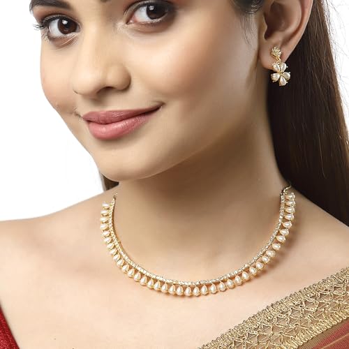 Image of ZENEME Gold-plated and Cubic Zirconia Necklace With Earrings for Women & Girls