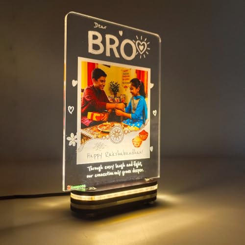 Image of lampees Personalised Brother's LED Photo Lamp, 18x12 cm | Raksha Bandhan Keepsake Custom Printing, Warm LED Glow, Acrylic Wood Base,