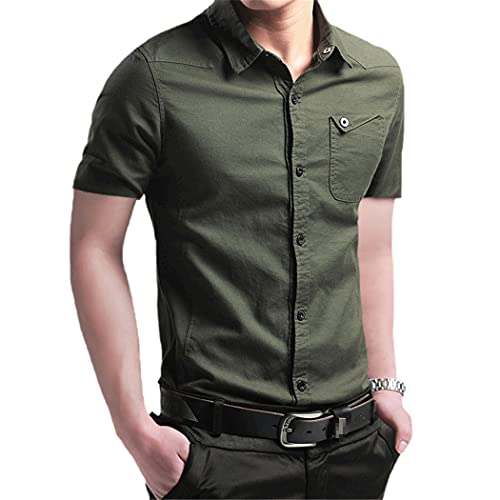 Chemise coton homme style militaire manches courtes coupe slim verte M