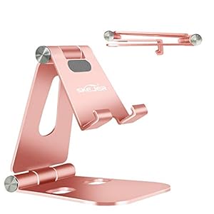 SKEJER Fully Foldable Cell Phone Stand Holder for Desk Adjustable iPhone Stand Aluminum Compatible with 4″-10″ Phone/Kindle/Tablet/iPad/iPhone – Rose Gold