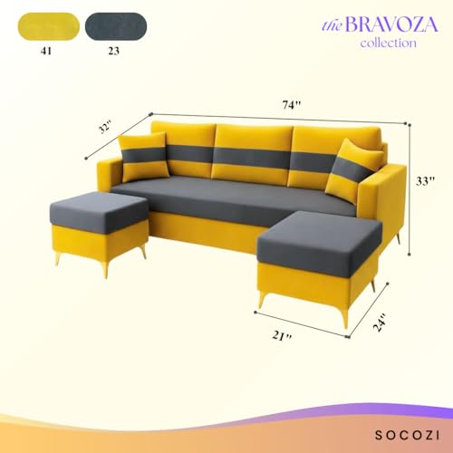 Image of SOCOZI Bravelle 5 Seater L Shape Sofa Set with 2 Movable Ottomans | Flexible Layout | Soft Velvet Suede Fabric|Modern Sofa with Golden Legs | Plush Comfort Cushions for Living Room (Yellow-Dark Grey)