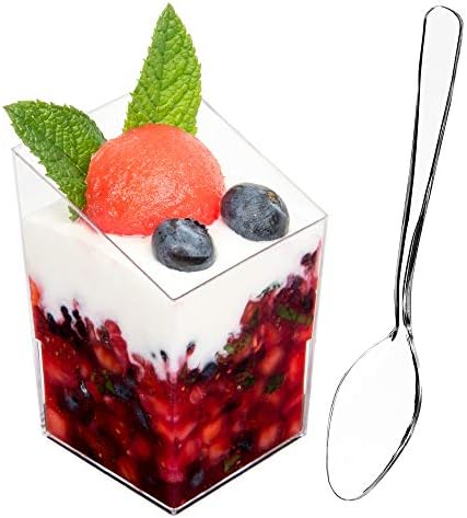 DLux 32 x 3 oz Mini Dessert Cups with Spoons, Square Slanted - Clear Plastic Parfait Appetizer Cup - Small Reusable Serving Bowl for Tasting Party Desserts Appetizers - with Recipe Ebook