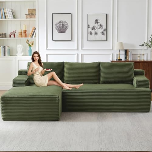 Image of 96.1 inch Modular Sectional Sofa Couches L-Shape Couch 3 Seat Modular Sofa Corduroy Memory Foam Sectional Boneless Couches for Living Room, Cloud Couch with Oversized Chaise(Green, Left Facing)
