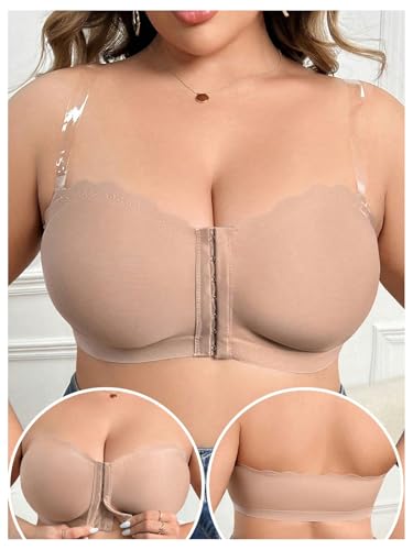 Image of MakeMeChic Women's Plus Size Strapless Bras Front Closure Half Push Up Bra Bandeau Wireless Bralette for Large Bust