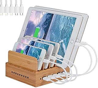 Yisen Wood Bamboo 5-Port USB Charging Station multi-function stand Organizer for iPhone, for iPad, Cell Phones, Tablets, E-readers, Power Banks (built-in USB charger, with UK plug power cord)