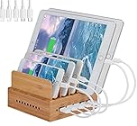 Yisen Wood 5-Port Charging Station stand Organizer for Cell Phones and Tablets (built-in charger and 5 cables)