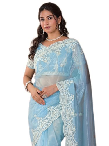 Image of Satrani Women's Net Embroidery Saree with Unstitched Blouse Piece