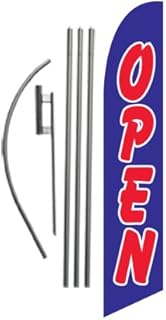 Open Advertising Feather Banner Swooper Flag Sign with 15 foot Flag Pole Kit and Ground Stake, Blue and Red