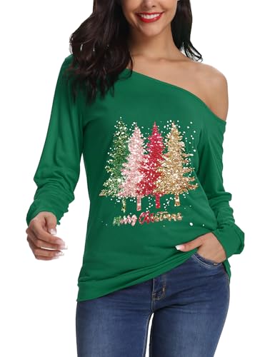 Festive Christmas Tees Women Off Shoulder Long Sleeve 21 christmas tees - green 10
