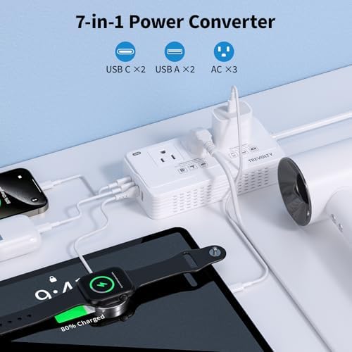 2000W Voltage Converter US to Europe for Hair Dryer, 220V to 110V Converter for European Travel Plug Adapter with 3 AC 2 USBC 2 USBA Ports, Travel Essential with EU UK IT AU Plug (White) — view 2