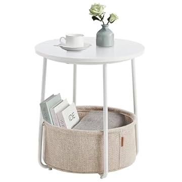 VASAGLE LET223W10 Small Round Coffee Table, Side Table with Fabric Basket, Storage for Living Room, Bedroom, Modern Style, Matte White and Camel Brown