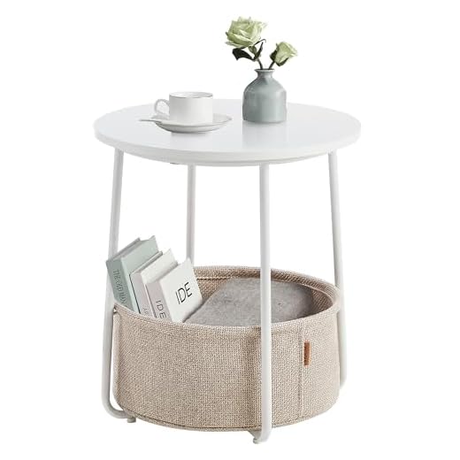 VASAGLE Side Table, Round End Table with Fabric Basket, Spacious, for Living Room Bedroom, Bedside Table, Modern Style, White and Beige LET223W10