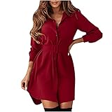 Sisifa Hemdkleid Damen Kurz Langarm Elegant Freizeitkleid Gürtel Revers Button Down Arbeitskleider für Damen Einfarbig Büro Business Kleider Blusenkleid