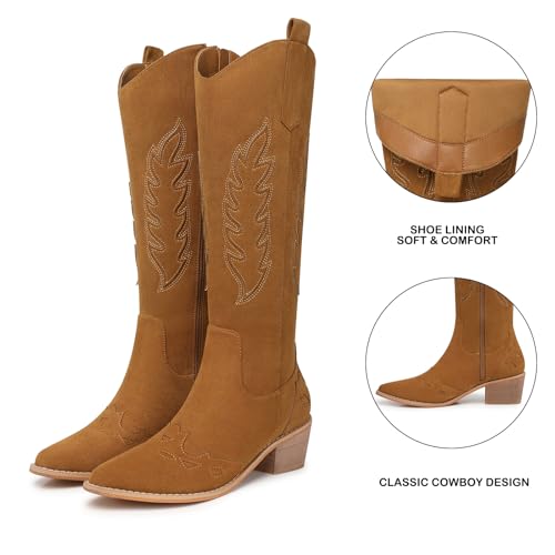 Image of SHIBEVER Suede Knee High Cowboy Boots for Women Comfortable Tall Cowgirl Boots Zipper Low Heel Fall Winter Western Booties
