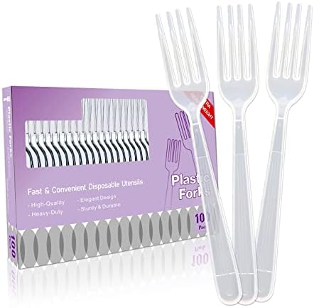 100 Pack Clear White KIDSME Plastic Forks - 7.2 Inch Elegant Bulk Disposable Silverware Medium Weight Cutlery Utensils Set for Party, Meal, Fast Foods Stores, Home & Business