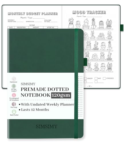 SIMSIMY Cuaderno punteado con plantillas de viñetas prefabricadas, diario de cuadrícula de puntos prefabricado con planificador semanal y mensual sin fecha, varios rastreadores, organización de 12
