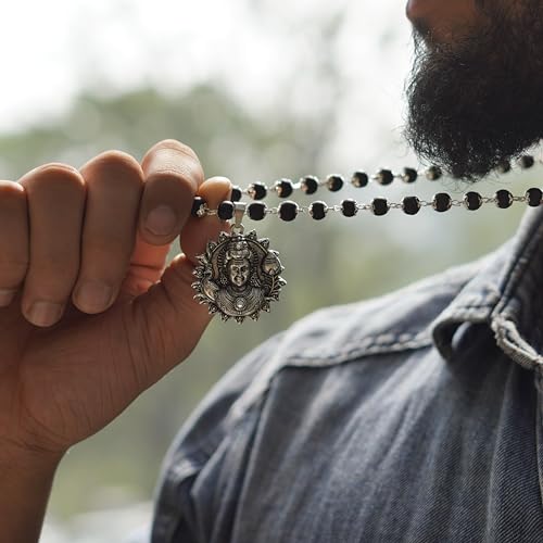 Image of Japam Silver Karungali Necklace with Murugan Vetri Vel Pendant | Black Wood Spiritual Mala for Men | Puja & Meditation | Certificate of Authenticity