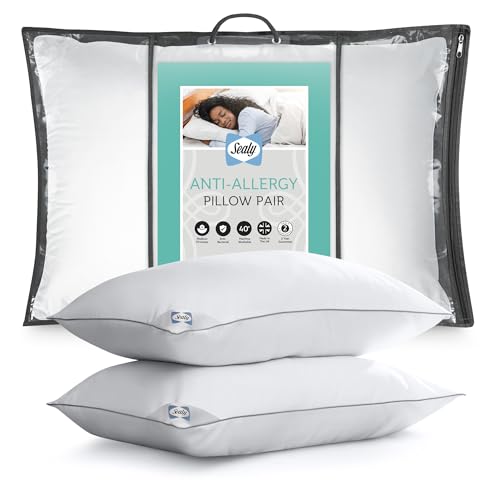 Sealy Anti-Allergy Pillows - Medium Support Bed Pillows for All Sleeping Positions with Fibadown Fibres and Piped Edges - Machine Washable, Pack of 2