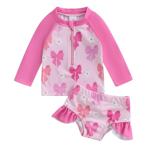 KMBANGI Toddler Baby Girl Swimsuit Set Kids Rash Guard Floral Long Sleeve One Piece Bathing Suit Swimwear with Trunks Shorts (Pink, 18-24 Months)