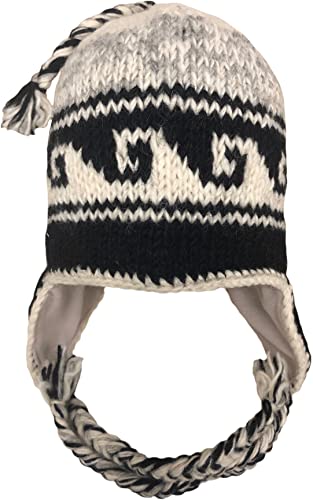 Nepal Hand Knit Sherpa Hat with Ear Flaps, Trapper Ski Heavy Wool Fleeced Lined Cap (Black & White Waves)