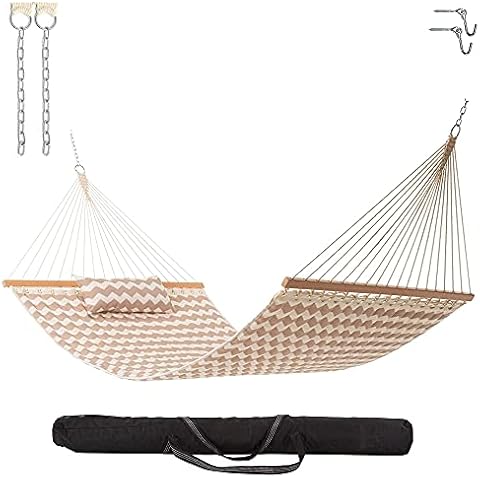 Castaway Living Large 11.5 ft Beige Chevron Polyester Quilted Hammock with Pillow, Storage Bag, Extension Chains & Tree Hooks Included, 350 Pound Weight Capacity, Perfect for Any Space Cover