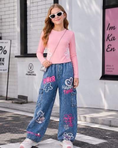 Image of Tween Girls Clothes 2 Piece Long Sleeve Top + Denim Cargo Pants, Teen Girls Fall Clothing Set, Sizes 7-16 Years